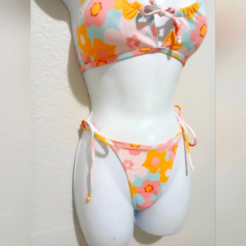💚5/$25 Zylein Colorful  Floral Halter Tied String Bikini Small Cheeky Bottoms